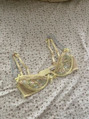 For Love & Lemons Sheer Embroidered Floral Underwire Bra in Pale Yellow
